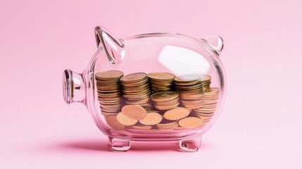 Clear Piggy Bank Filled with Gold Coins on a Pink Background, Promoting Financial Savings and Investments
