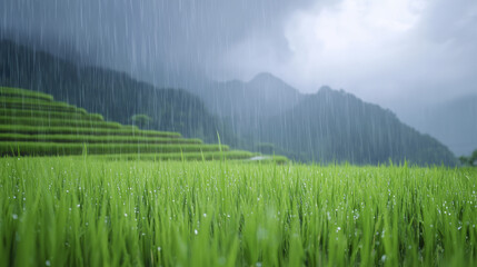 Lush green rice fields under dramatic monsoon rain with mountains