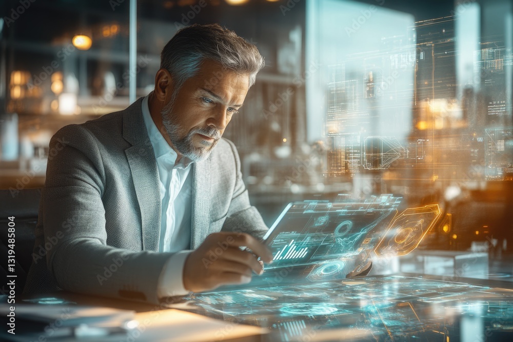 Poster a businessman reviews data projected onto a futuristic transparent display, analyzing complex inform