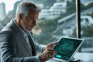 A mature businessman analyzes a complex digital schematic on his tablet, showcasing technological expertise and modern business practices.