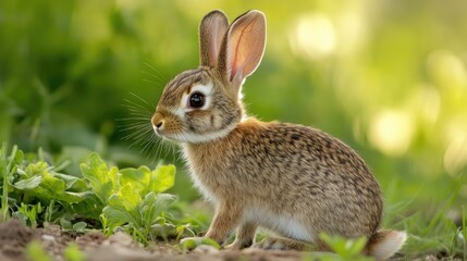 Fototapeta premium Charming Cottontail: A Young Wild Rabbit Exploring the Rio Grande Nature Center in Albuquerque, New Mexico