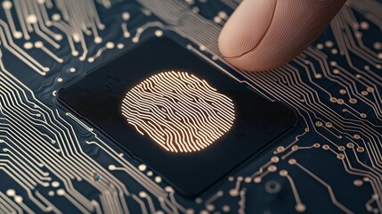 3D Illustration of AI Driven Identity Protection with Fingerprint on Circuit Board Background