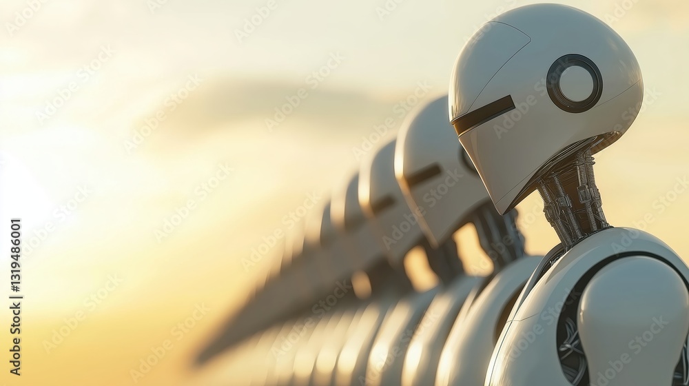 Poster 3d illustration of ai powered robots automating processes in a futuristic setting at sunset
