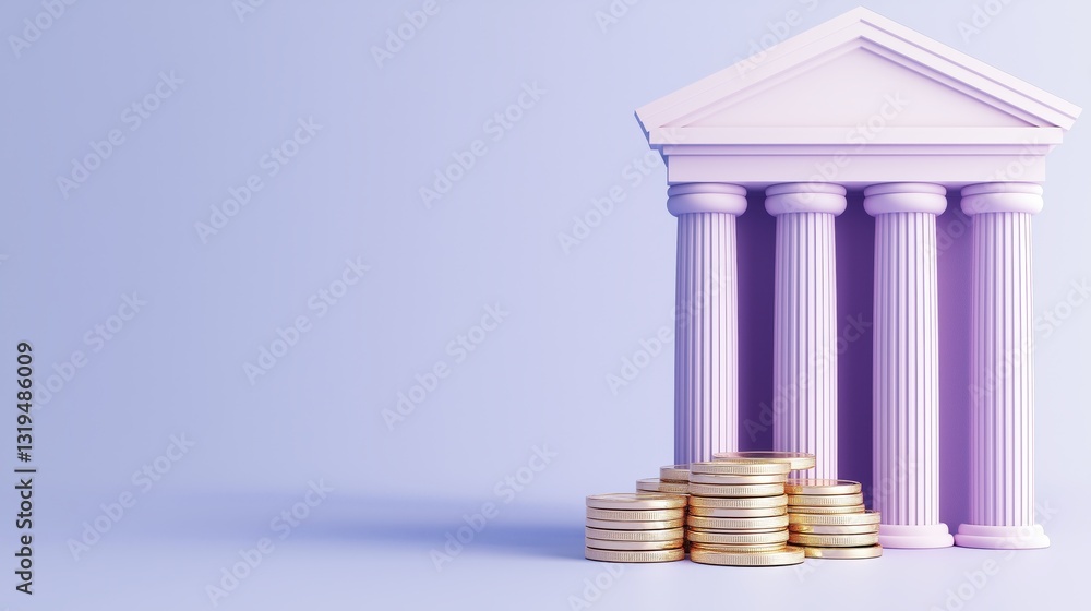 Poster 3d illustration of digital banking concept with columns and stacked coins in soft colors