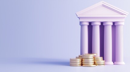 3D Illustration of Digital Banking Concept with Columns and Stacked Coins in Soft Colors