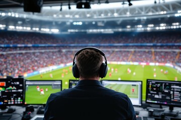 Broadcaster wearing headphones watching live soccer game on screens in packed stadium, providing analysis and commentary. Ai generative