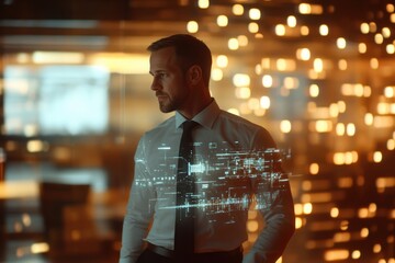 A businessman stands in a warm-lit room, overlaid with a digital data interface, symbolizing modern business and technology.
