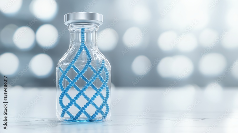 Poster futuristic 3d illustration of gene editing lab with dna model in glass container on abstract backgro