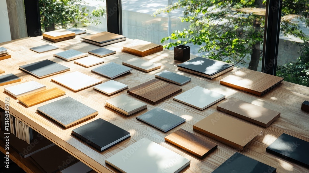 Poster creative flat lay of assorted design layouts on a sunlit table interior space visual content modern 
