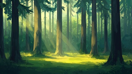 Serene forest landscape with tall trees nature scene peaceful environment dappled light viewpoint