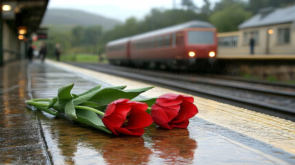 Rainy day, train station, tulips, farewell