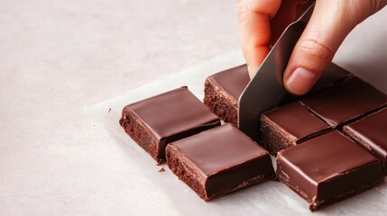 A hand is slicing chocolate squares with a spatula, showcasing a rich, glossy texture on a light surface.