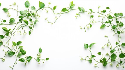 Obraz premium Green Vines and White Flowers Frame on White Background