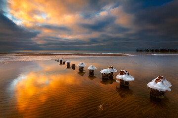 Row of wooden posts covered in ice in the Baltic Sea at sunset, Lithuania