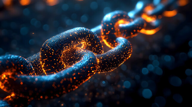 Futuristic glowing blockchain chain made of digital particles, symbolizing security, technology, and connectivity, with blue and orange neon lights creating a cyberpunk aesthetic
