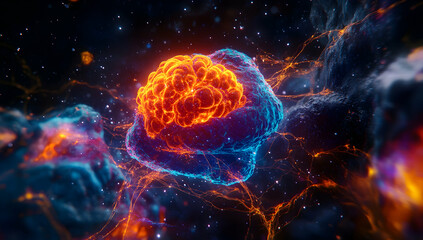  Neurocin, glowing orange and blue, close-up of an isolated human cell.