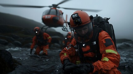 Obraz premium Rescue Team River Emergency Dramatic Action Stormy Sky Orange Suits