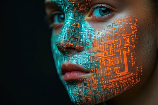 A woman's face overlaid with a glowing circuit board, symbolizing technological integration with humanity.