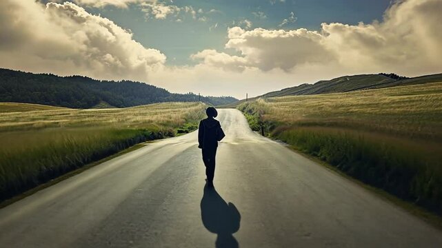 Mensch allein auf weiter Stra&szlig;e mit ungewissem Ziel