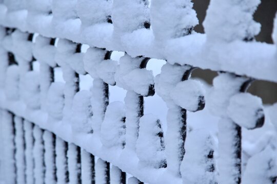 Close-Up detail of Snow Covered metal railings in winter