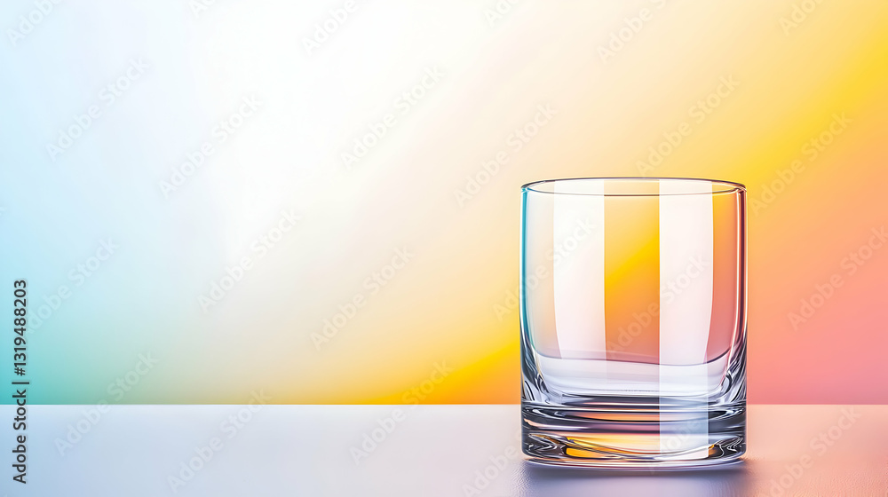 Poster empty transparent glass on reflective surface with colorful gradient background lighting