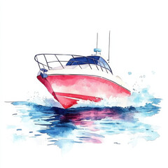 Watercolor illustration of red speed boat splashing through blue water, Isolated design on white background