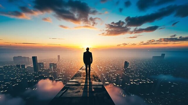 Person steht hoch oben auf einem Geb&auml;ude und reflektiert