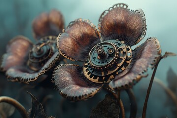 Naklejka premium Steampunk Flowers Intricate Gears Clockwork Bronze Petals Mechanical Engineering Fantasy