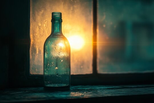 Textured Green Glass Bottle in Window with Glowing Sunset Behind, Dramatic Teal Lighting