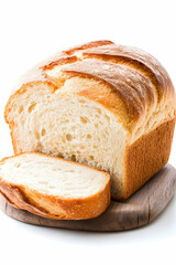 Loaf of bread sliced sits on wooden board  Golden crust soft interior