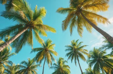 Lush Green Palm Trees Against a Clear Blue Sky Creating a Tropical Paradise Vibe in a Serene Natural Landscape with Sunlight Streaming Through the Leaves
