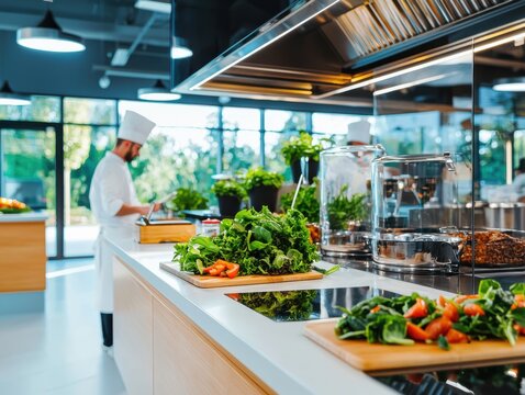 Gastronomic research event in modern lab culinary analysis bright overhead lighting medium shot of chefs studying data
