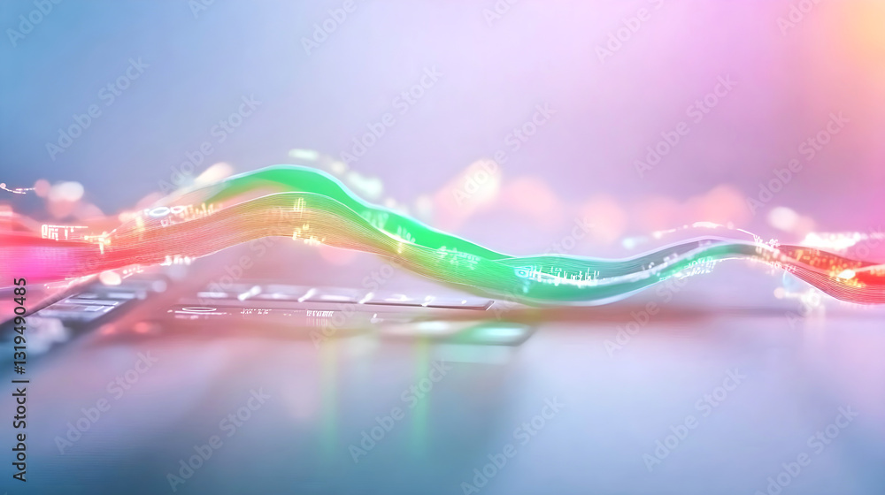 Poster abstract visualization of digital financial data flowing over a laptop keyboard, representing stock 