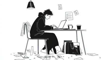 Person working on laptop, messy home office, papers scattered, background lamp