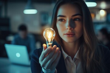 A young businesswoman holds a glowing lightbulb, symbolizing a bright idea or innovative solution in a late-night office setting.