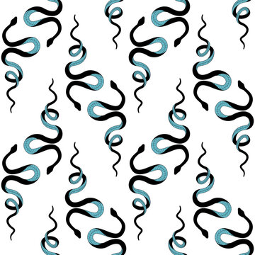 Intricate design featuring twisting snakes in vivid turquoise against a crisp white backdrop