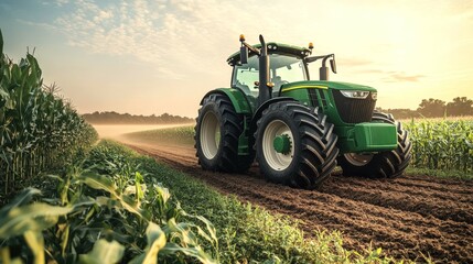 New green tractor creates fresh tracks in sunlit cornfield during bright morning