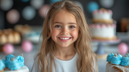 Fototapeta premium Children are gathered at a birthday party, enjoying delicious cakes and treats, surrounded by vibrant decorations and cheerful balloons. The atmosphere is filled with laughter and joy
