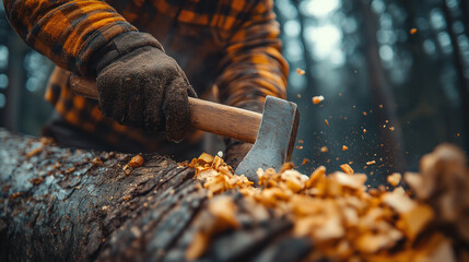 A lumberjack, dressed in a checkered shirt and gloves, skillfully chops a tree in the forest. The splintering wood and flying chips highlight the intensity of the labor involved