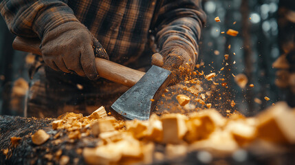 A lumberjack swings an axe with precision, sending wood chips flying as he works in a dense forest. The early morning light filters through the trees, illuminating his efforts