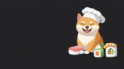 Naklejka premium Cute Shiba Inu dog wearing chef hat, smiling with sushi rolls