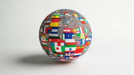 Flags cover globe on neutral studio backdrop. Nations united as one world. Colorful, creative