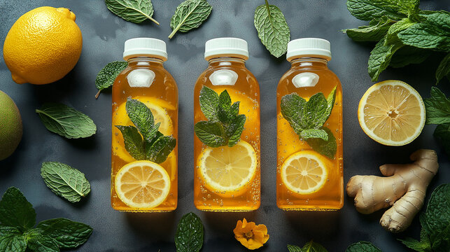 Refreshing lemon water infused with fresh mint and citrus slices is neatly bottled. Lemons and mint leaves complement the vibrant presentation on a dark countertop