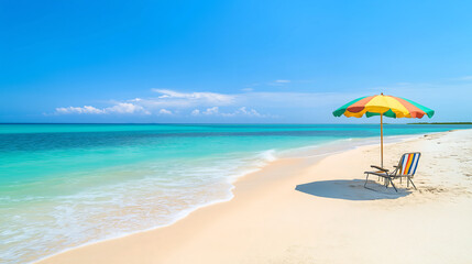 Peaceful beach scene featuring lounge chairs with copy space.