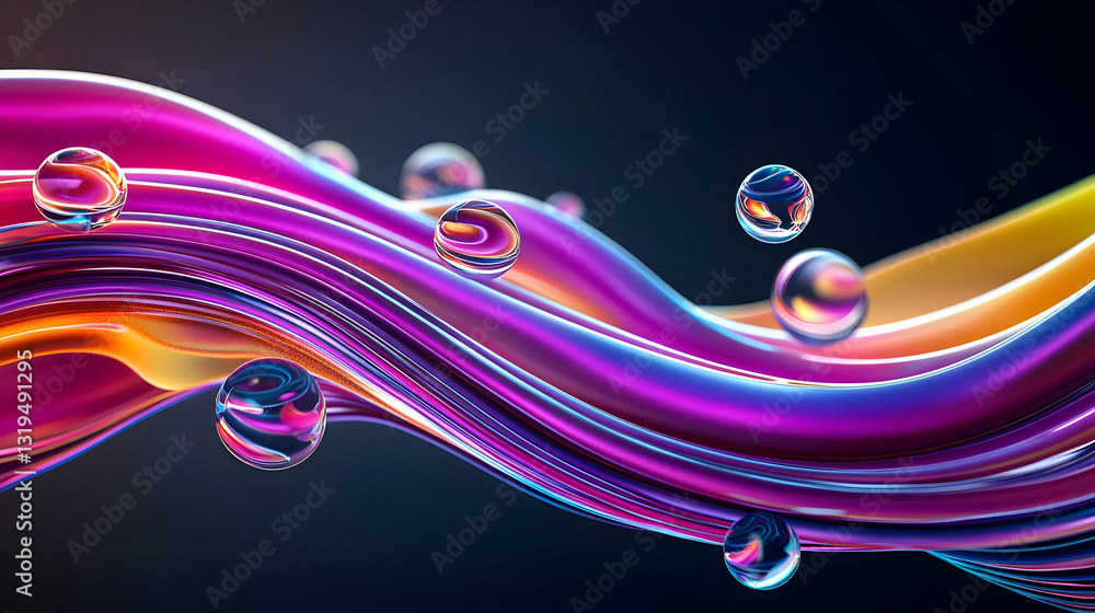 Poster a vibrant iridescent fluid wave flows in a smooth glossy dynamic motion against a dark background wi