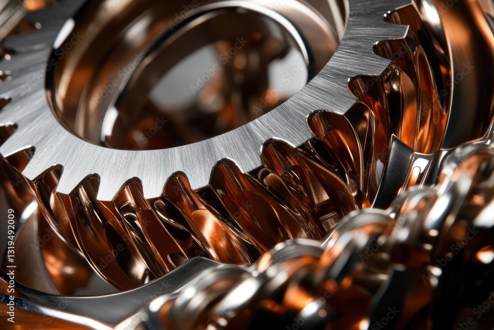 Poster close-up of intricate metallic gears, showcasing precision engineering and complex mechanics.
