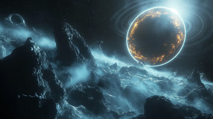 Fototapeta premium Alien Planet Landscape with Glowing Ringed Planet and Rocky Terrain