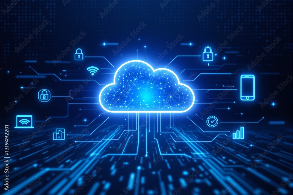 Aufkleber glowing cloud computing icon with digital connections on futuristic dark background. cybersecurity, 