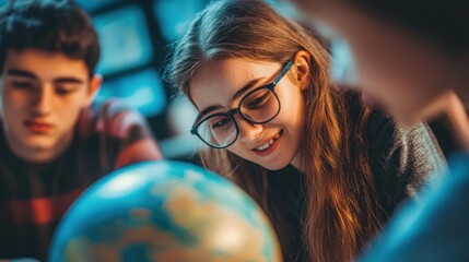 Curious Students Exploring the World: A Close-Up of Two Teenagers Studying a Globe