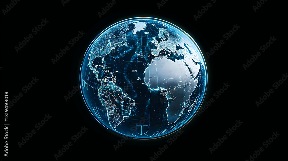 Poster rotating holographic globe with futuristic blue digital data network on black background visualizati